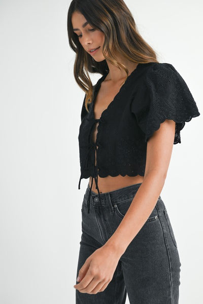 Poppy Eyelet Tie Top - Black