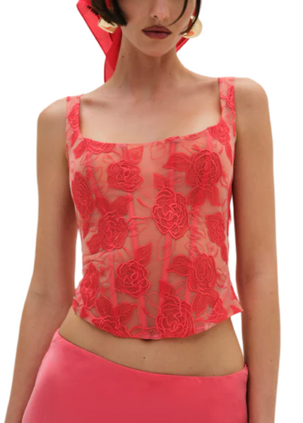 Embroidered Roses Corset Top - Red