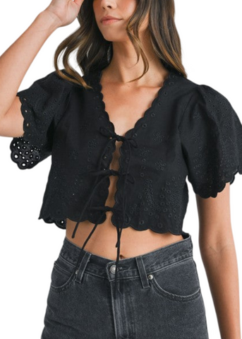 Poppy Eyelet Tie Top - Black