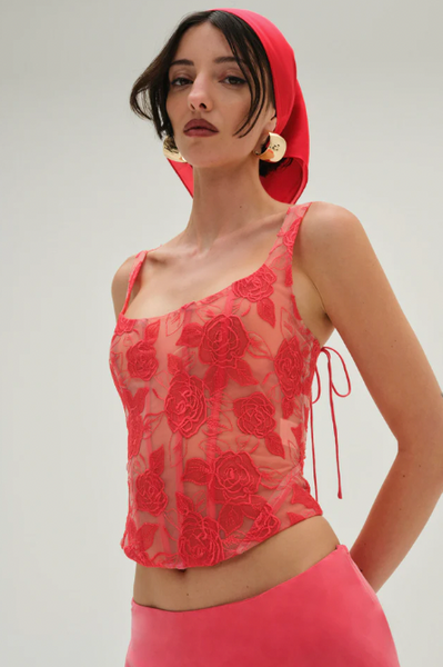 Embroidered Roses Corset Top - Red